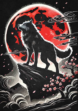 Lone Wolf Under Red Moon, Neo-Japanese Tattoo Style