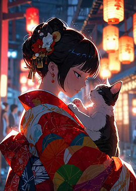 Japanese girl in Kimono with Cat Anime Style