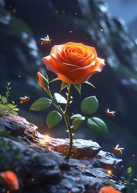 Orange Rose with Bees