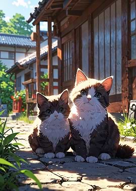Cute Kittens in Japanese Village Anime Style