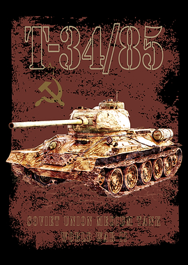T-34-85 Soviet Union Medium Tank of the World War II. T-34/85 USSR Medium Tank of the WWII with distressed Russian Flag in background.