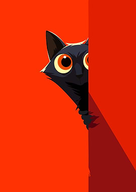 Suspicious Black Cat Peeking Minimalist Animal Art