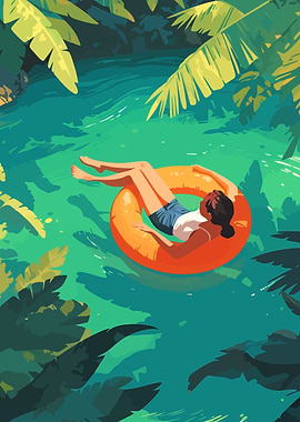 Relaxing Tropical Beach Cove Girl Minimalist Art Illustration