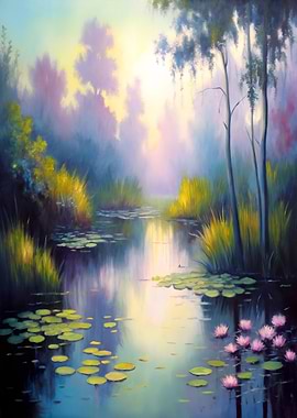 Dreamy Monet Style Water Lily Garden Painting
