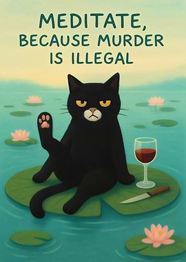 Cat Meditating on Lily Pad