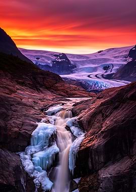 Glacier Waterfall Sunset