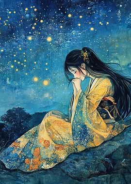 Woman in Kimono Under Starry Sky