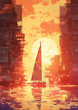 Sunset Sailboat Cityscape