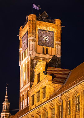 night view of the historic Tower of Old Town Hall in Torun