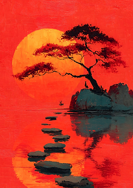 Sunset Landscape with Tree