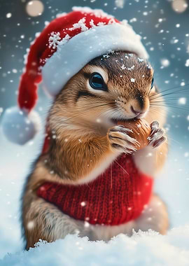 Adorable chipmunk wearing a red sweater and Santa hat, holding a nut while snow falls