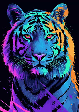 Retro Neon Tiger Portrait Minimalist Art Illustration