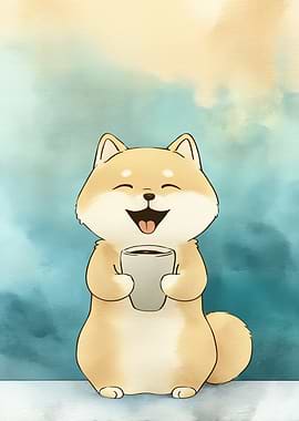 Smiling Shiba Inu with Coffee