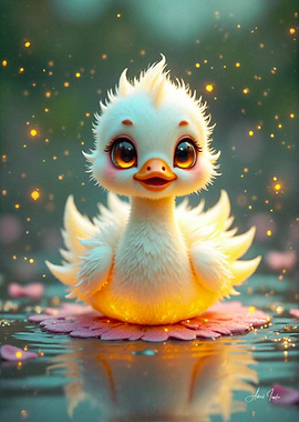 Cute Duckling on Water Lily