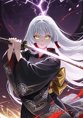 Anime Samurai Girl with silver hair