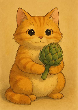 Cute cat with an artichoke in hands