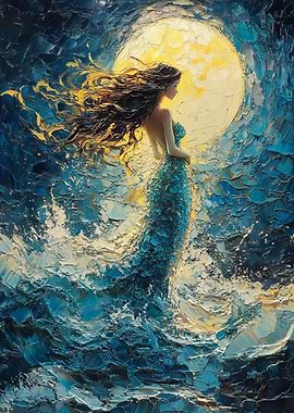 Woman in Blue Dress Under Moon