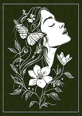 Woman with Flowers and Butterfly