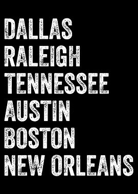 US Cities Typography, Dallas Raleigh Tennessee Austin Boston New Orleans Decal