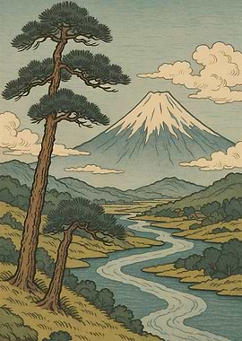 Ukiyo-E Mount Fuji Landscape