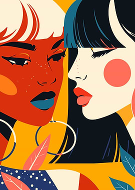 Two Women Portrait Abstract Art Illustration Minimalist