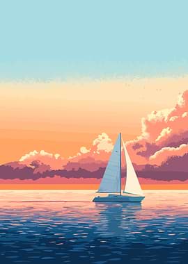 Sailing in the Pacific Minimalist Art Illustration