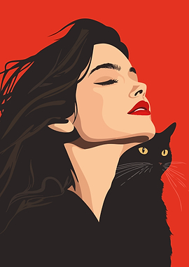 Woman and Black Cat Funny Minimalist Portrait Art