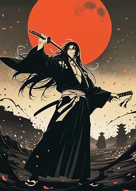 Anime Samurai with Red Moon