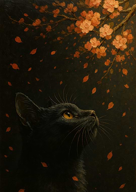 Black Cat and Cherry Blossoms