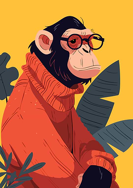 Chimp in Red Sweater Minimalist Art Illustration