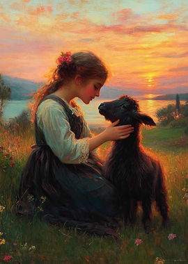 Girl and Lamb at Sunset