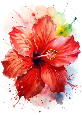 Watercolor splash-style painting of a red hibiscus flower