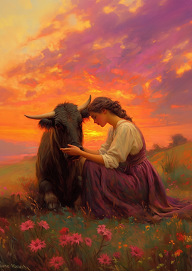 Woman and Bull at Sunset