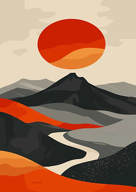 Mountain Landscape with Red Sun