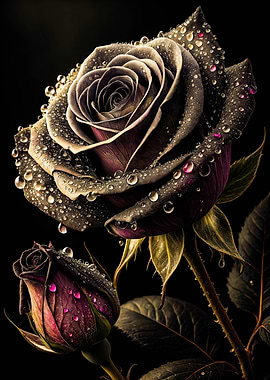 Black Rose with Dew Drops
