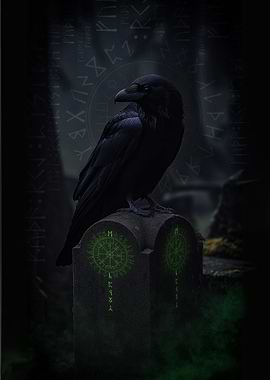 Raven on Stone with Runes