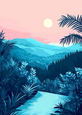 Minimalist Pastel Blue Mountain Landscape Art