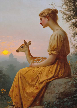 Woman and Fawn at Sunset
