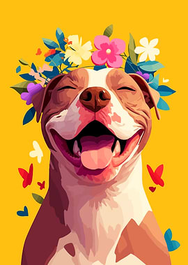 Happy Pitbull and Flowers Minimalist Dog Art