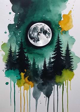 Full Moon Forest Watercolor