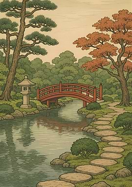 Ukiyo-E Japanese Garden Bridge