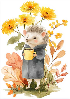 Hedgehog with Coffee in Autumn