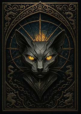 Golden Eyes Cat – Gothic Stained Glass Fantasy Poster