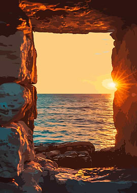 Sunset Sea View Through Rocks