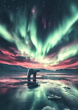 Polar Bear In Aurora Sky