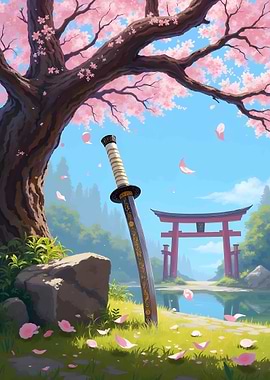 Samurai Sword Under Cherry Blossoms