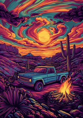 Desert Sunset Truck Psychedelic