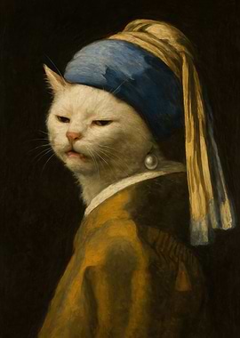 Smudge Cat with Pearl Earring - Vermeer Meme Art