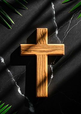Wooden Cross on Black Marble