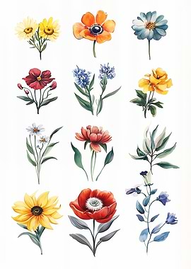 Pinwand Watercolor Flower Set